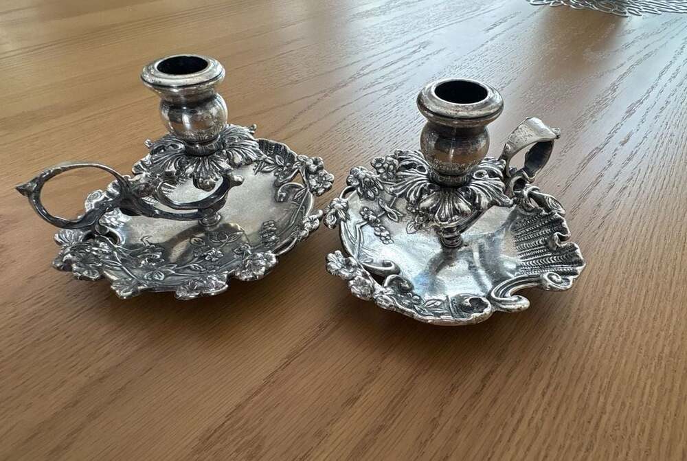 Vintage Ornate Silver-Plated Floral Chamberstick Candle Holders with Three-Foote
